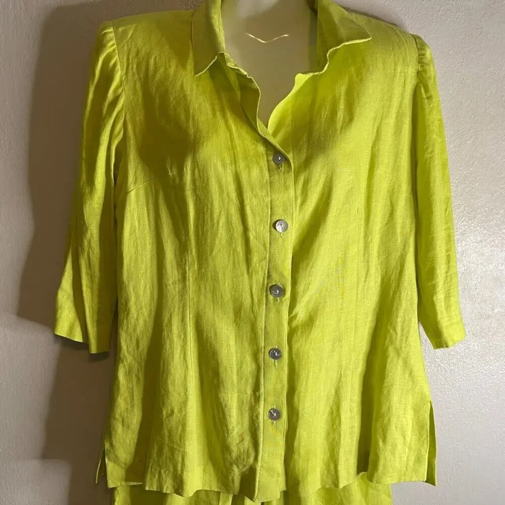 SAB Collections 100% Linen Lime Green 2 Piece Shirt Pants Set Size 7/8